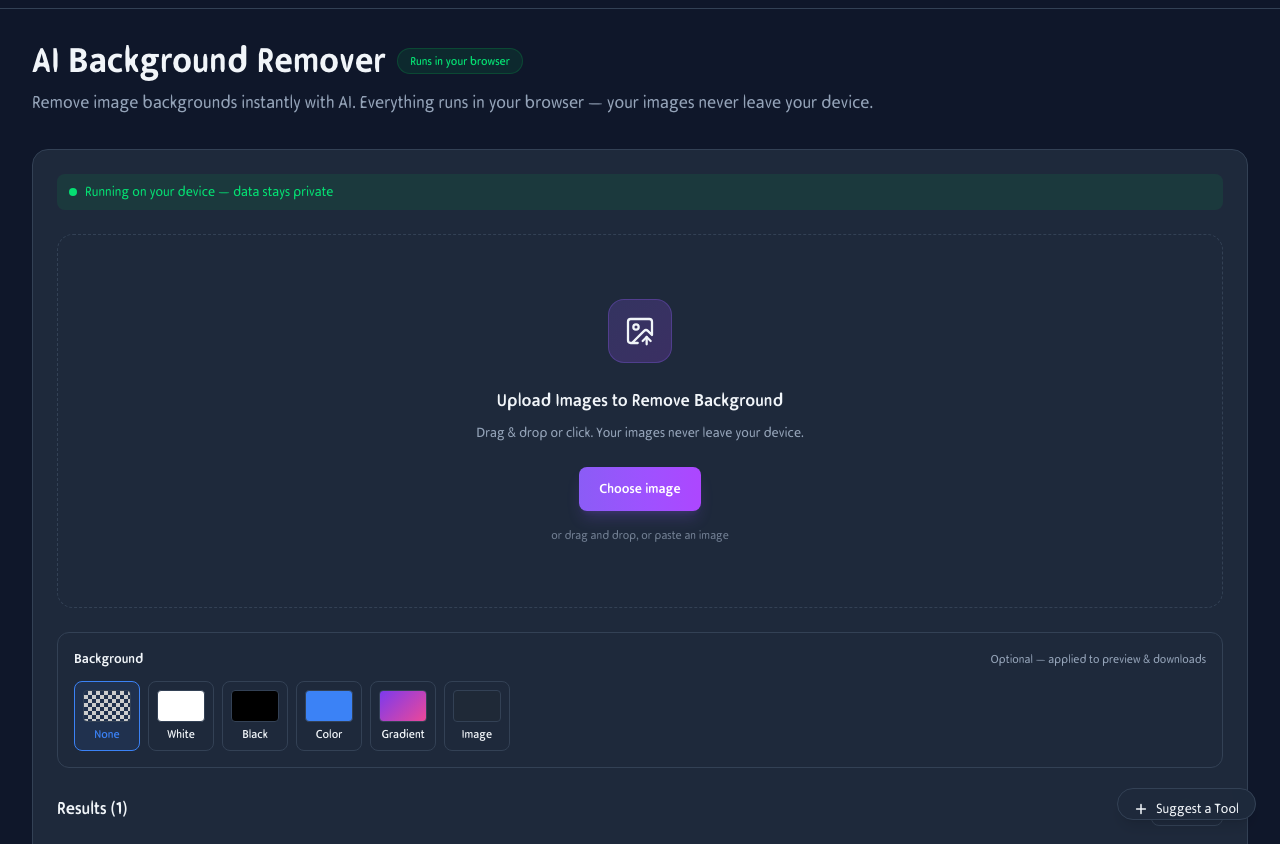 AI Background Remover interface showing the upload area, background replacement options including None, White, Black, Color, Gradient, and Image