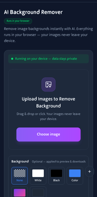 Mobile view of the AI Background Remover showing the upload area and background options on an iPhone screen