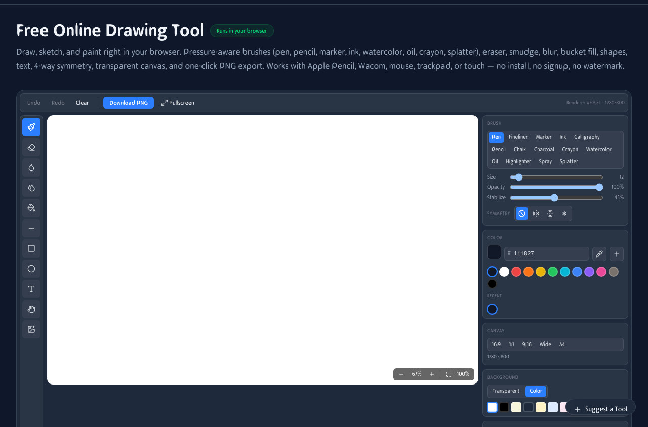 Drawing Tool interface showing the canvas, brush picker, color palette, and tool toolbar
