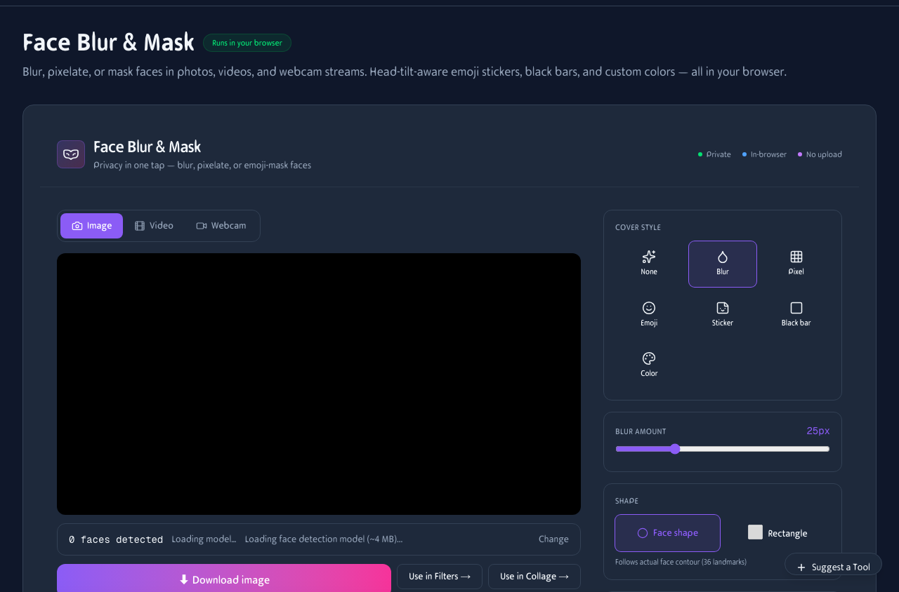 Face Blur & Mask interface showing an uploaded portrait with face detection and cover style options