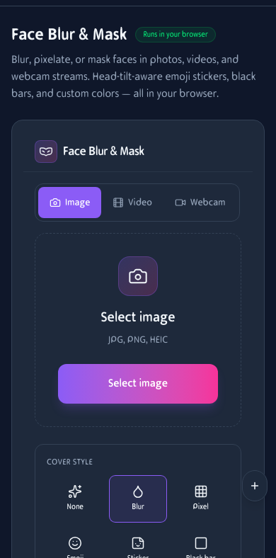 Mobile view of the Face Blur & Mask tool showing the upload area and cover options on an iPhone screen