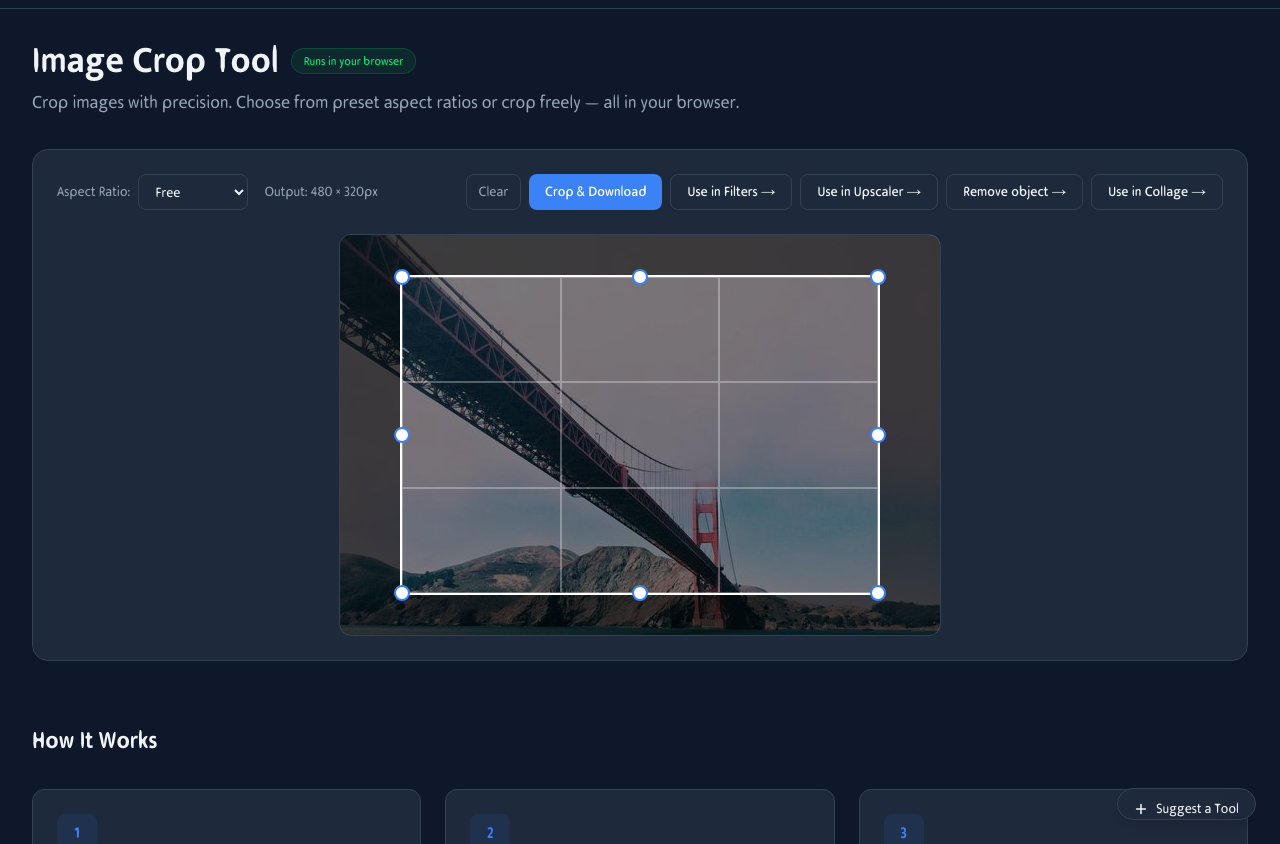 Image Crop Tool interface showing an uploaded photo with the crop box overlay and aspect ratio presets