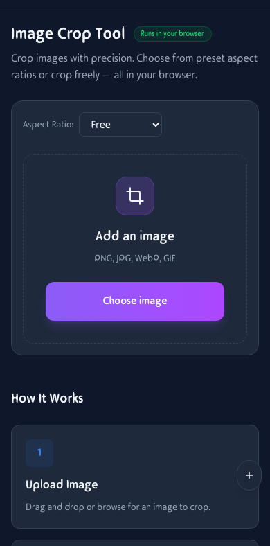 Mobile view of the Image Crop Tool showing an uploaded photo with crop controls on an iPhone screen