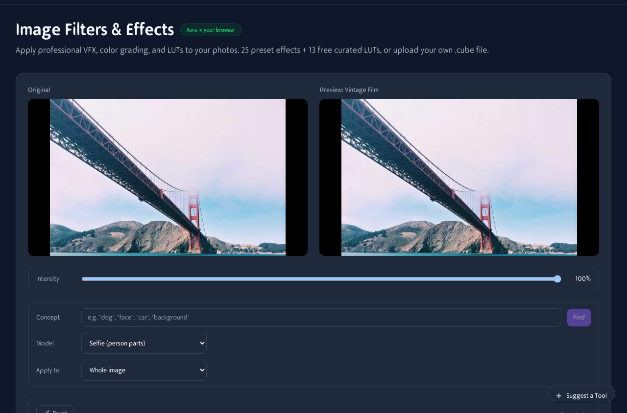 Image Filters interface showing an uploaded photo with filter presets applied and the intensity slider