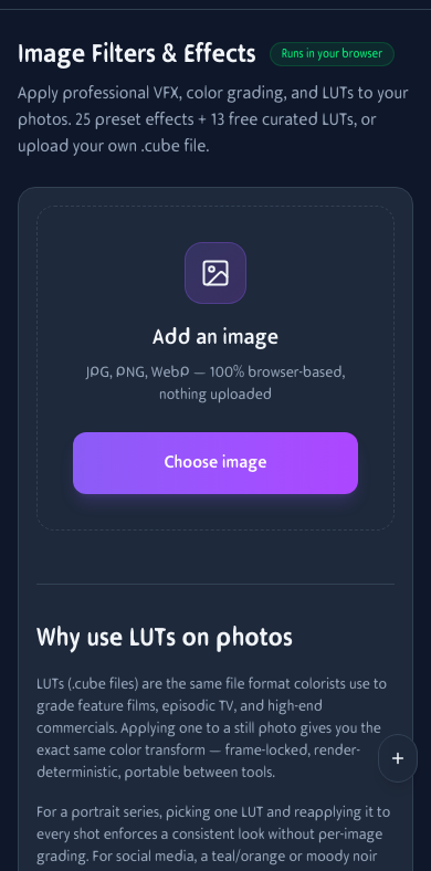 Mobile view of the Image Filters tool showing the filter grid and uploaded photo on an iPhone screen
