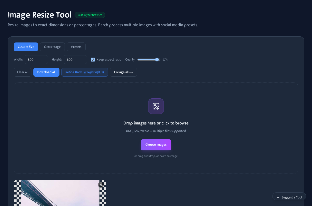 Image Resize Tool interface showing an uploaded photo, size options, quality slider, and social media presets