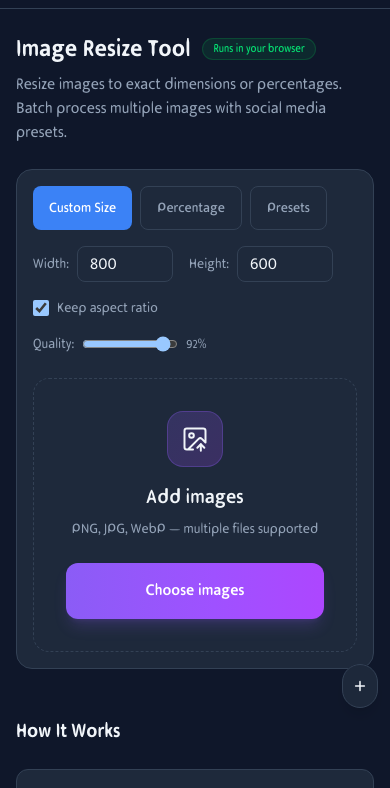 Mobile view of the Image Resize Tool showing size options and an uploaded photo on an iPhone screen