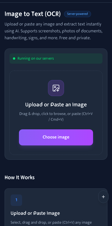 Mobile view of the Image to Text tool showing the upload area on an iPhone screen