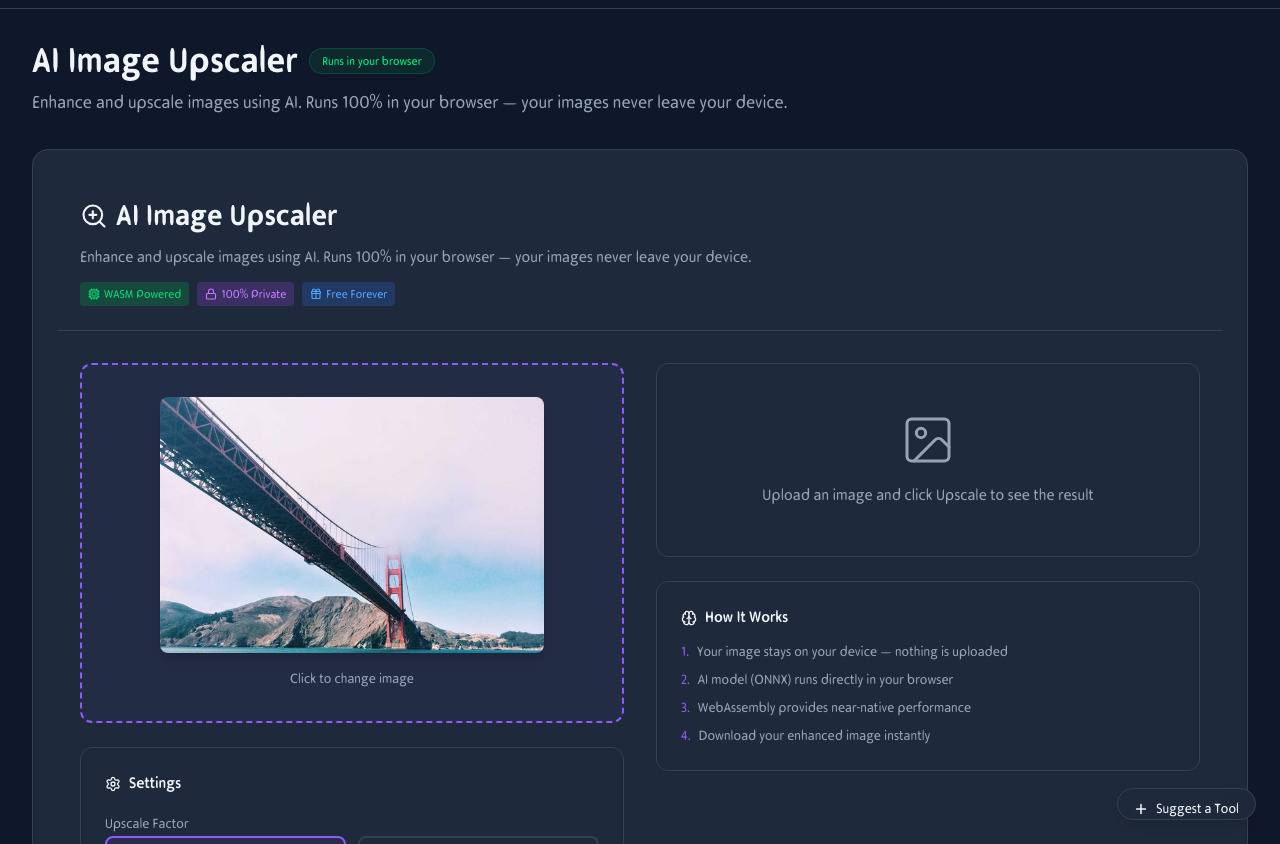 AI Image Upscaler interface showing an uploaded photo, scale factor options, and the How It Works panel
