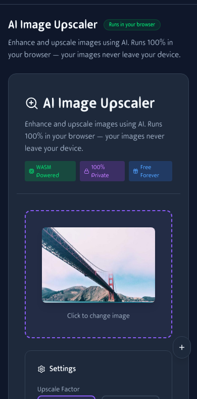 Mobile view of the AI Image Upscaler showing an uploaded photo and scale options on an iPhone screen