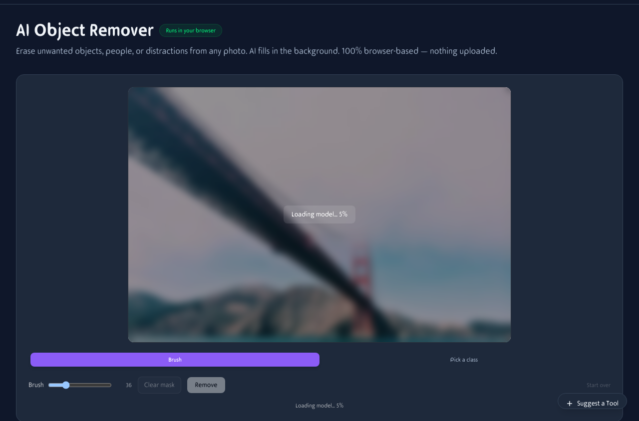 Object Remover interface showing brush mode with an uploaded photo, brush size slider, and Remove button
