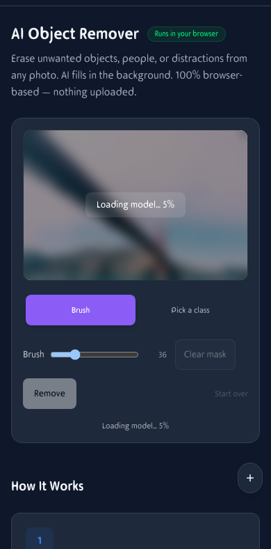 Mobile view of the AI Object Remover showing an uploaded photo with brush controls on an iPhone screen