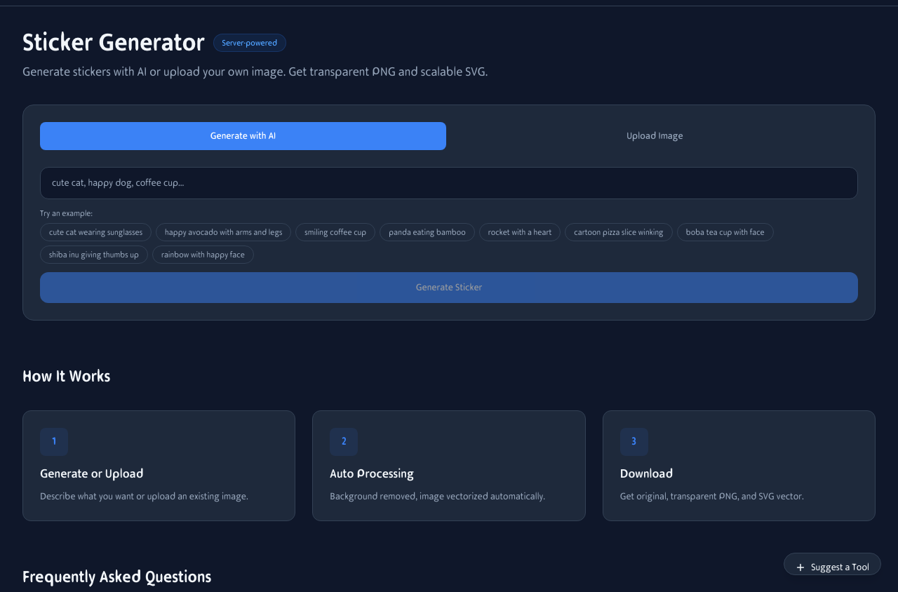 Sticker Generator interface showing AI Generate mode with prompt input, example stickers, and Generate Sticker button