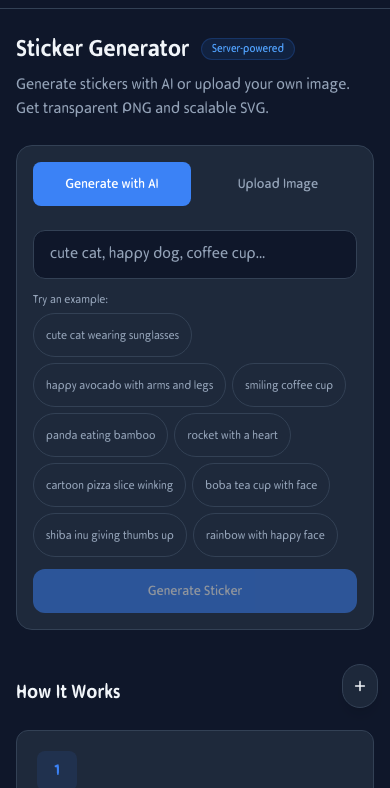 Mobile view of the Sticker Generator showing AI Generate mode with prompt input on an iPhone screen