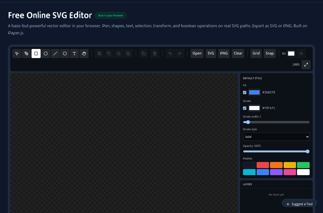 SVG Editor interface showing the canvas, toolbar, layers panel, and property controls
