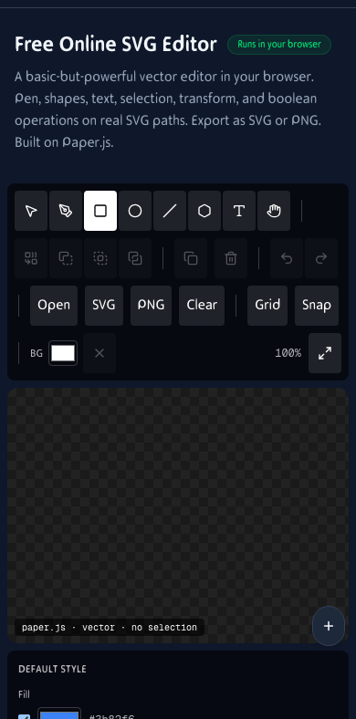 Mobile view of the SVG Editor showing the canvas and tools on an iPhone screen