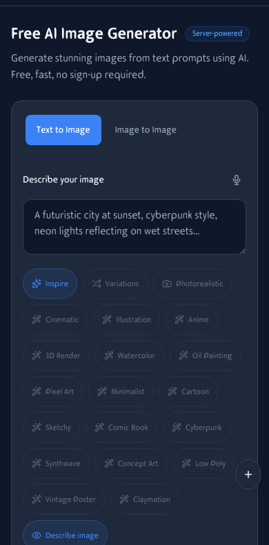 Mobile view of the AI Image Generator showing the prompt input and style chips on an iPhone screen