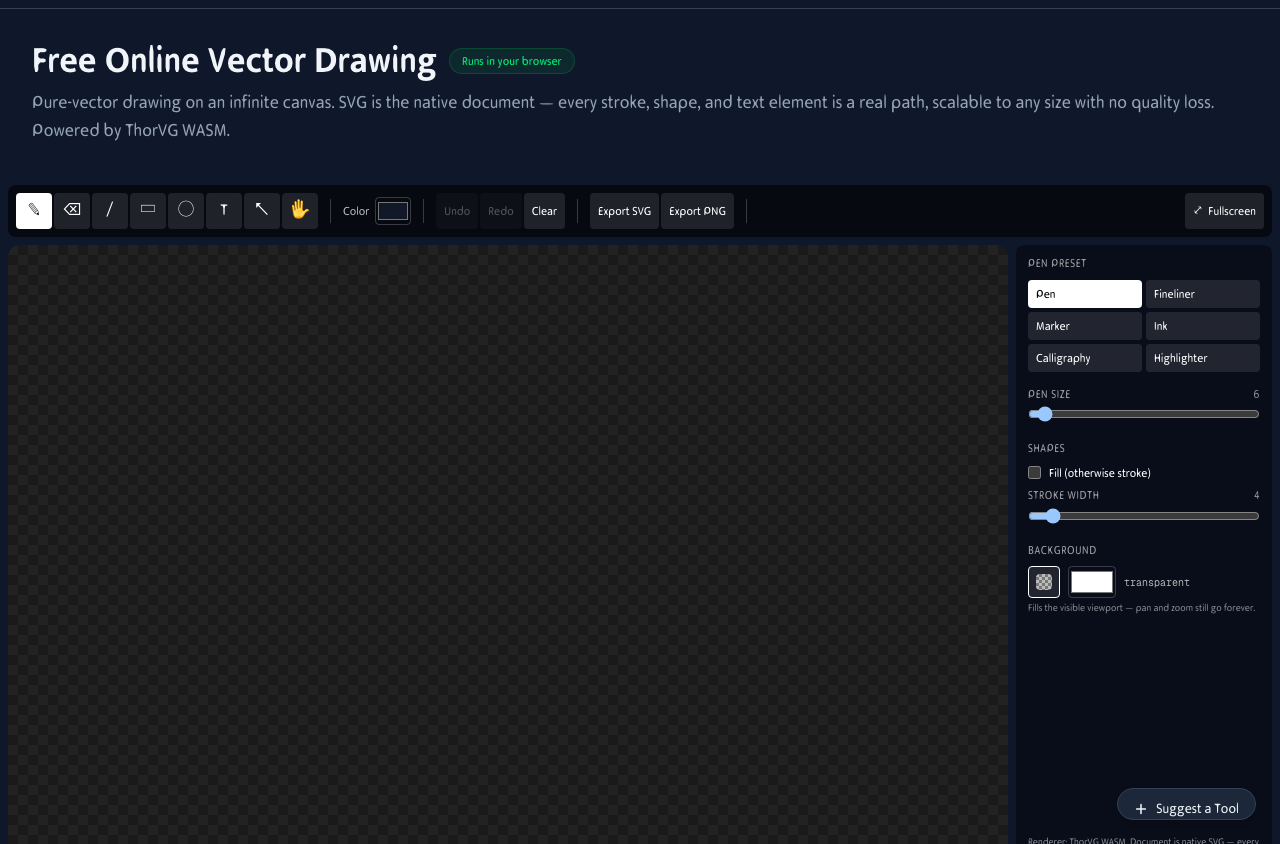 Vector Drawing interface showing the infinite canvas, tool palette, and color picker