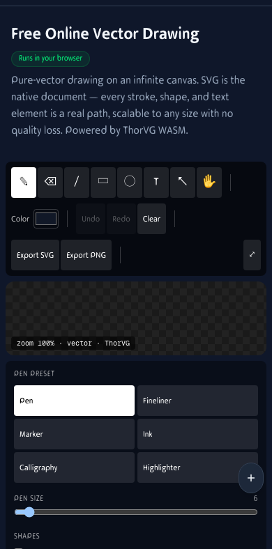 Mobile view of the Vector Drawing tool showing the canvas and tools on an iPhone screen