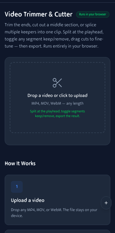 Mobile view of the Video Trimmer showing the upload area on an iPhone screen
